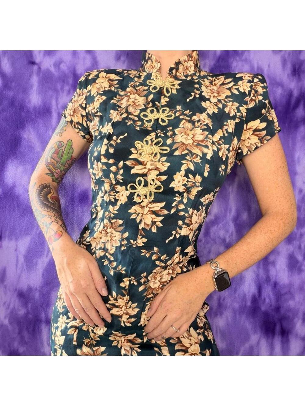 Madison Wells vtg 80s 90s teal floral oriental style midi maxi dress